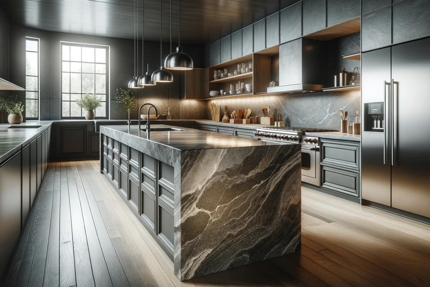 The soapstone kitchen countertop is perfect for modern kitchens, with its sleek charcoal gray look and delicate white streaks