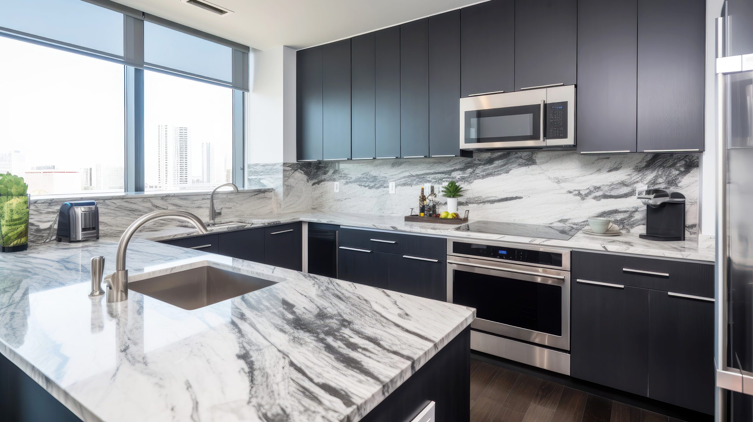 Contemporary kitchen design with stunning marble countertops pros and cons and sophisticated black cabinets