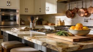 A modern kitchen featuring beautiful San Diego granite countertops, highlighting their aesthetic appeal and functionality