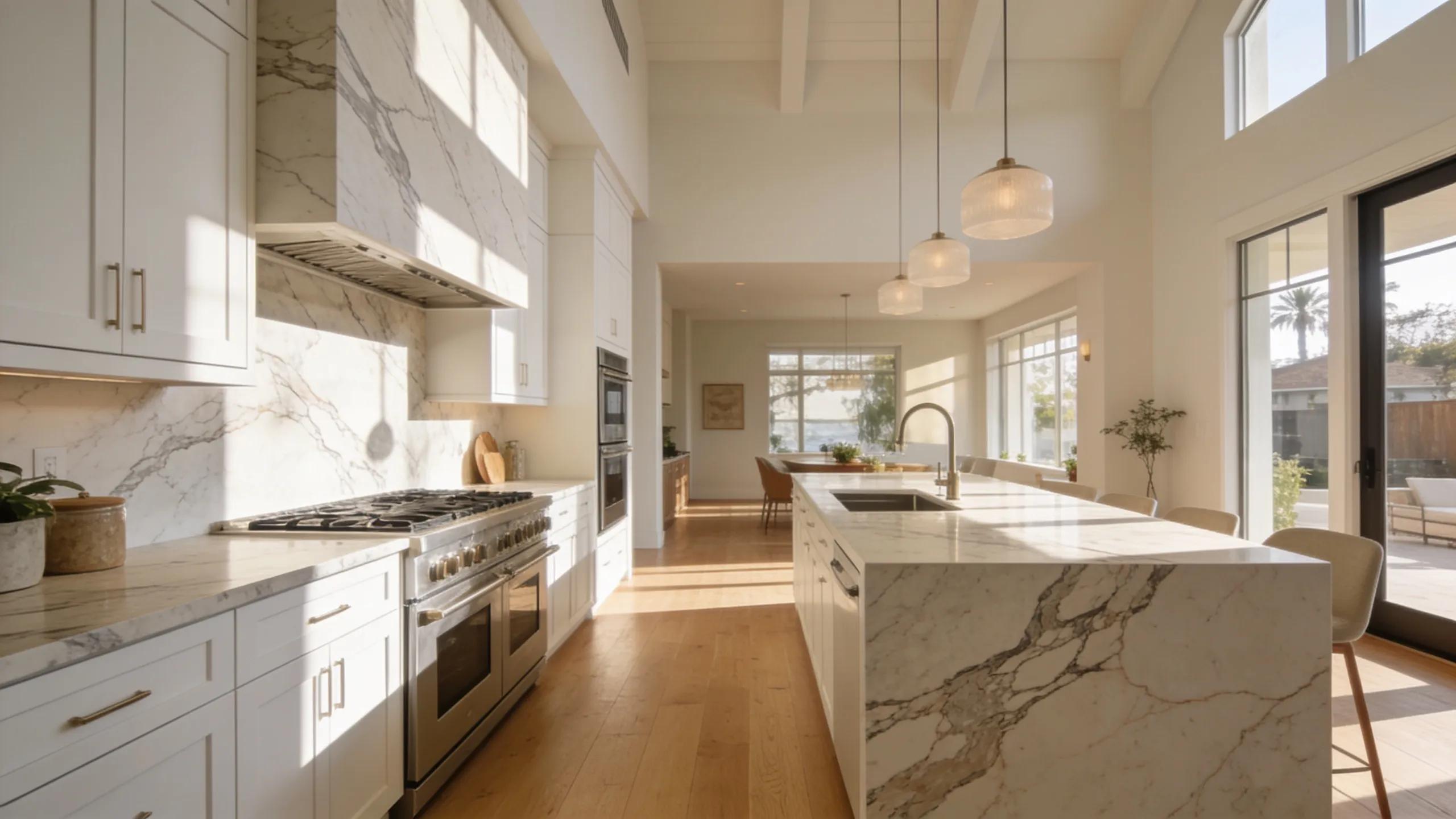 Luxurious marble countertops in a bright San Diego kitchen showcasing intricate veining patterns