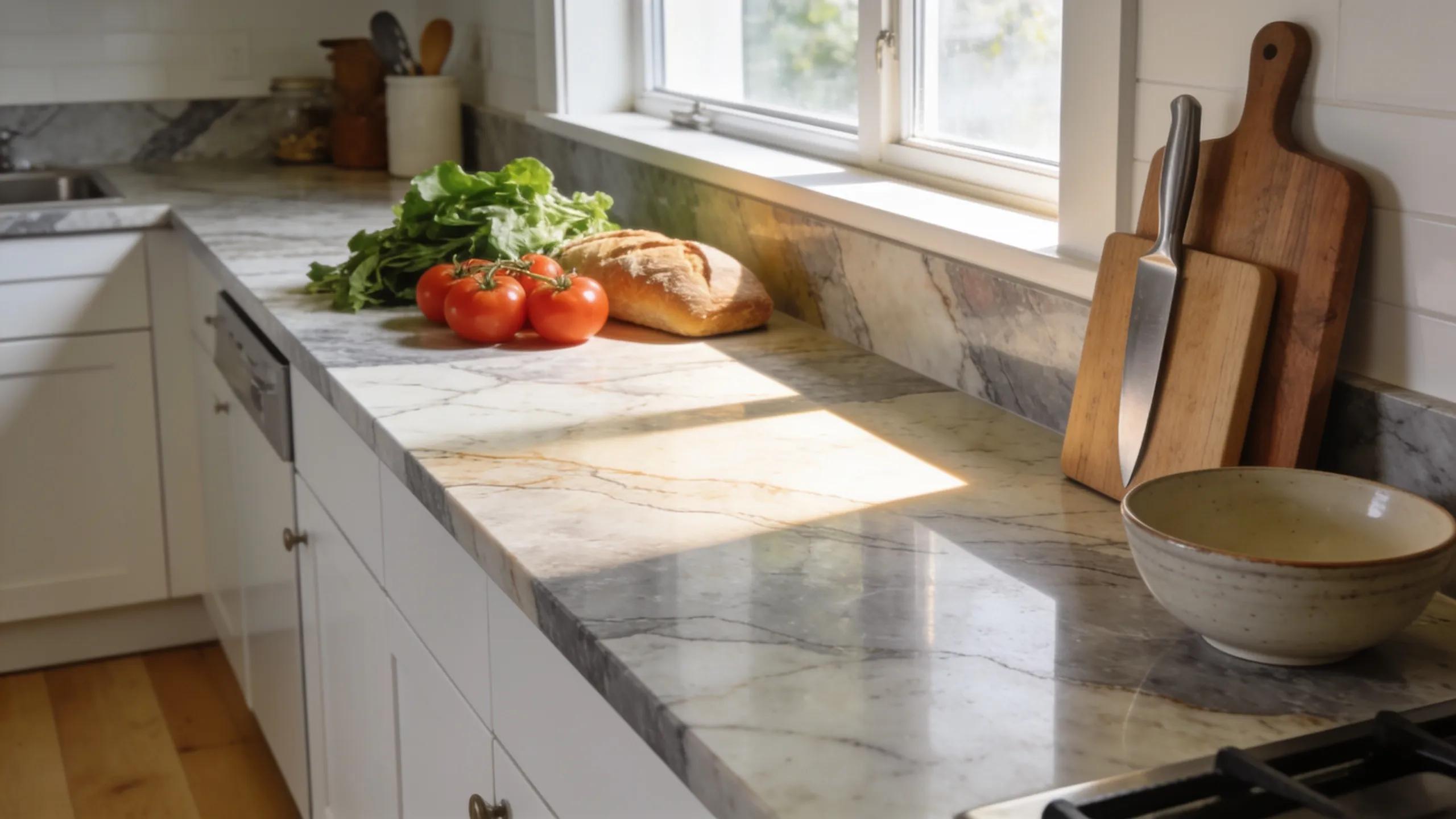 Modern kitchen with quartzite countertops showcasing unique colors and textures