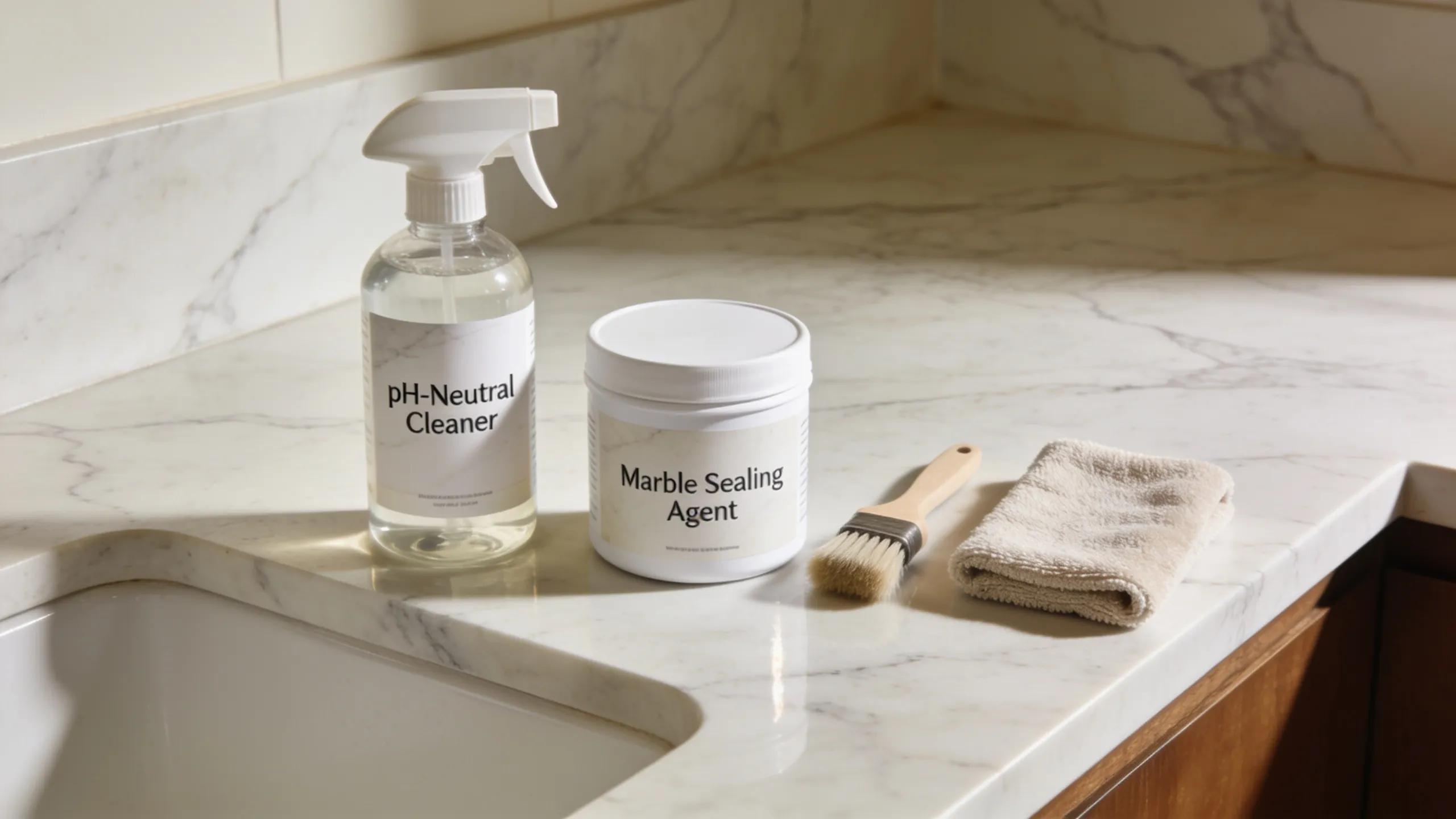 Assortment of marble care products arranged on a marble countertop illustrating essential maintenance needs