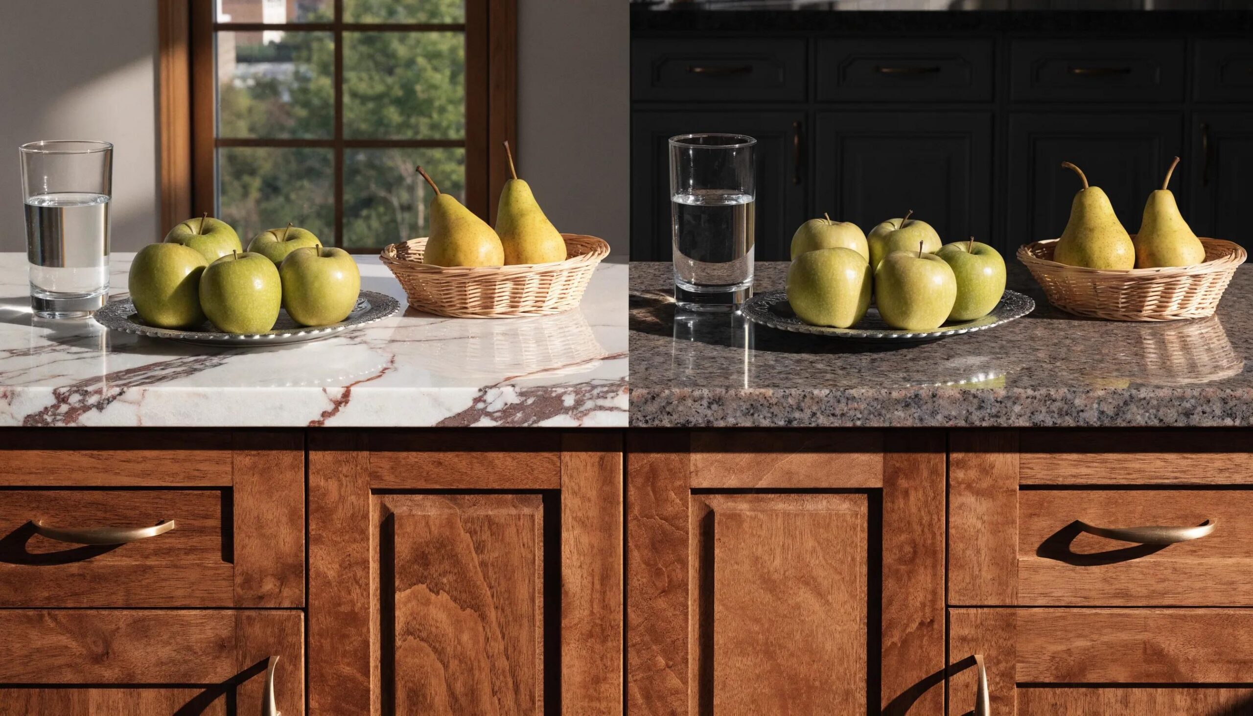 Side-by-side comparison of marble and granite countertops highlighting distinct features in a stylish kitchen