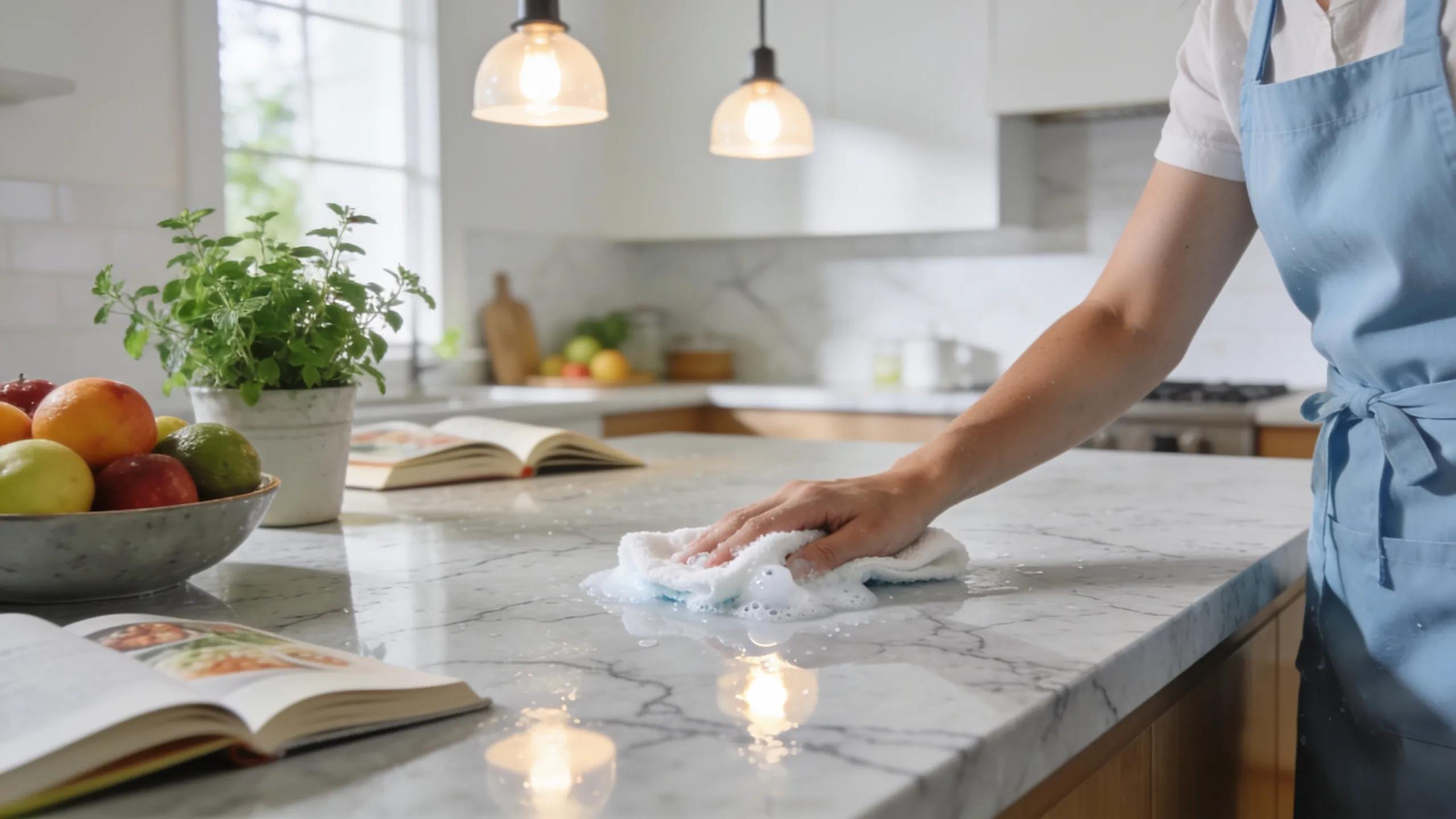 Person cleaning quartzite countertop demonstrating care and maintenance practices