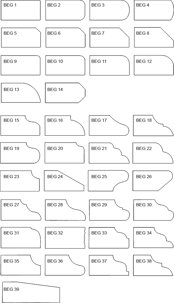 Countertop edge profile chart, 3/4 to 1 1/4 inch thickness, profiles BEG 1 to BEG 39