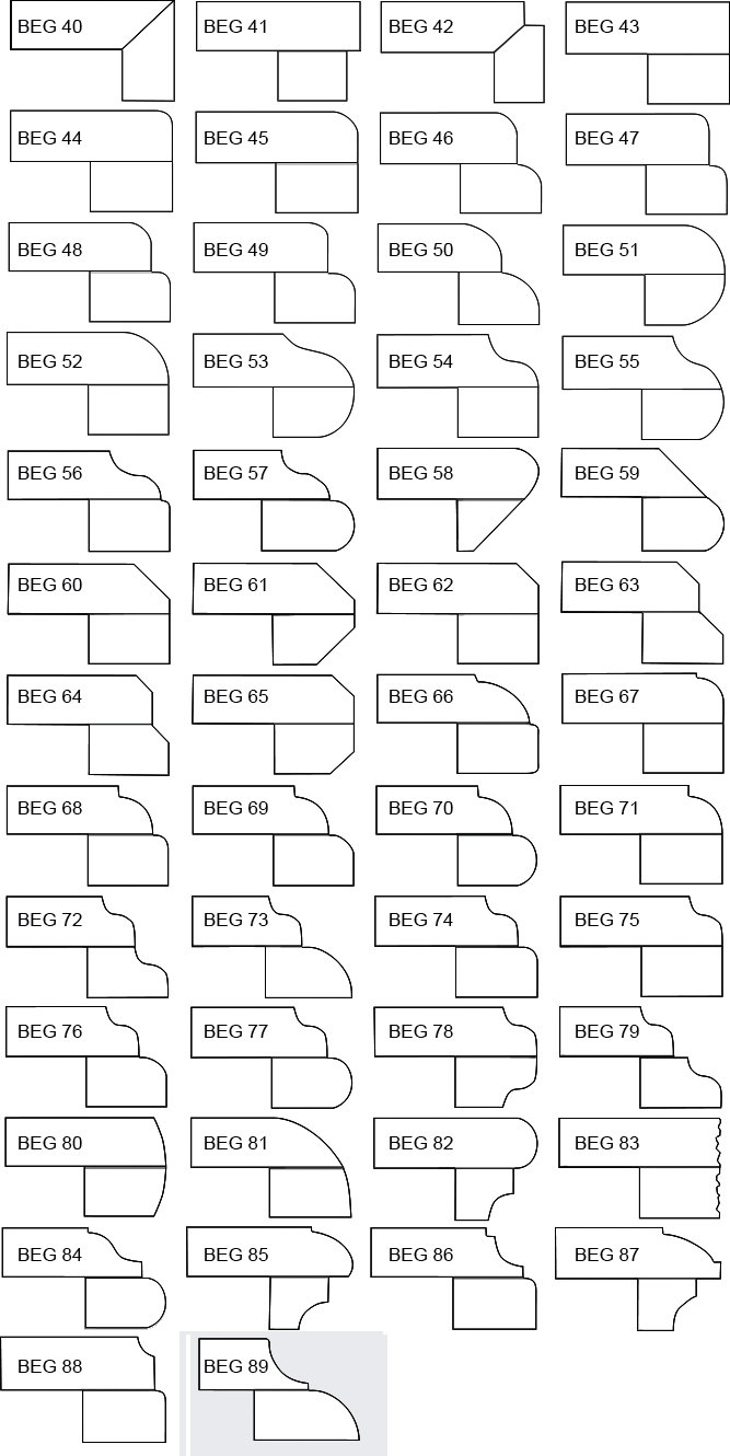 Countertop edge profile chart, 1 1/2 inch built-up edges, profiles BEG 40 to BEG 89