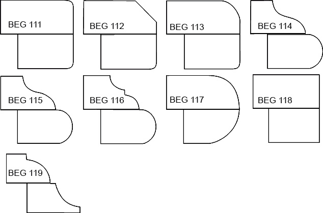 Countertop edge profile chart, 2 1/2 inch edges, profiles BEG 111 to BEG 119