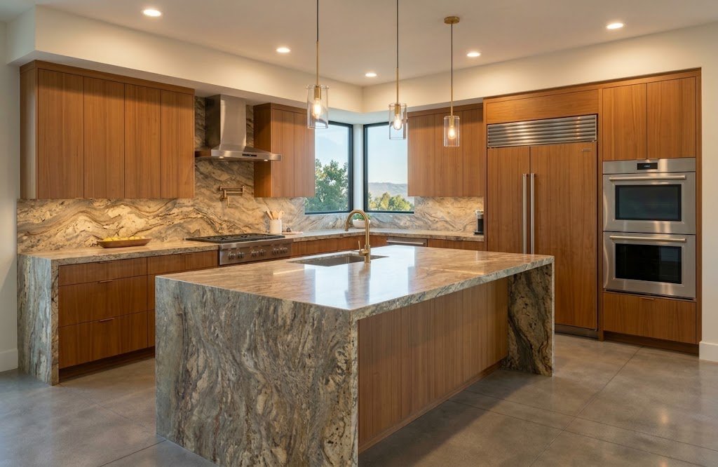 Kitchen with Juparana Persa granite countertops