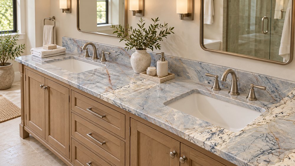 Blue and white veined quartzite vanity top on a light oak double vanity with two undermount sinks and brushed nickel faucets