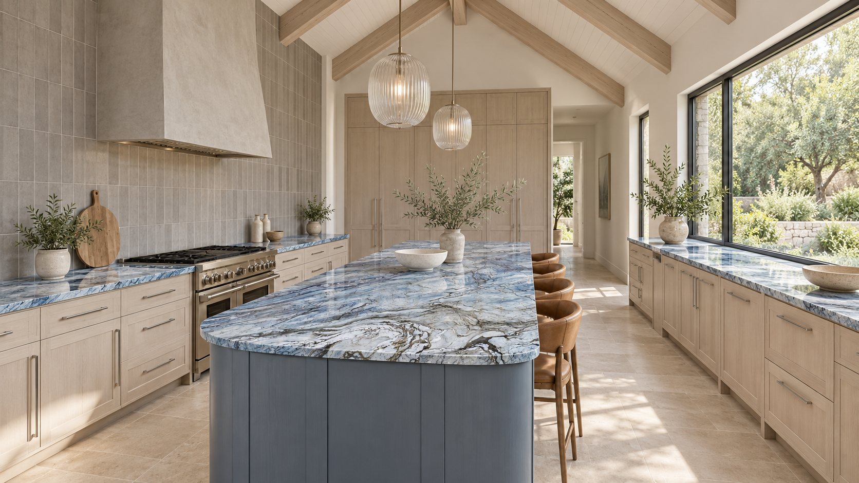 Kitchen with Blue Tempest quartzite countertops in swirling blue, white and gray on a curved island and perimeter counters, with light oak cabinets and leather bar stools