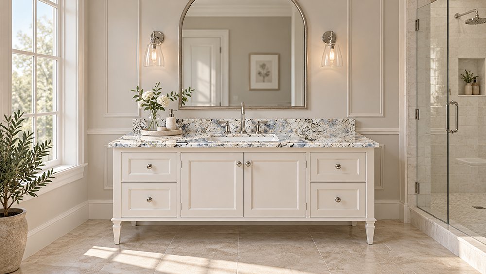 White granite vanity top with blue and gray speckles on a white single vanity with an undermount sink and polished nickel faucet