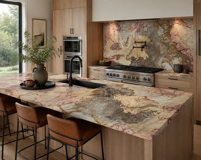 Kitchen island with granite countertops in gold, gray, and rose tones and a matching backsplash