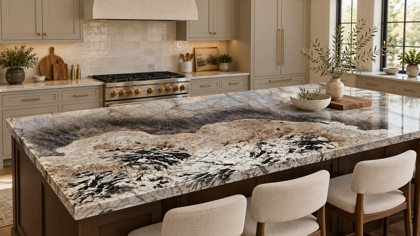 Kitchen island with a polished granite countertop in cream, smoky gray and black with gold veining, beside beige shaker cabinets and cream upholstered bar stools