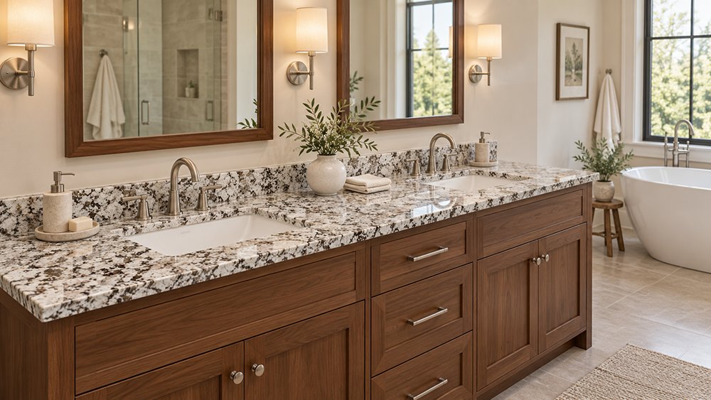 Speckled white, gray and black granite vanity top on a walnut double vanity with two undermount sinks and brushed nickel faucets