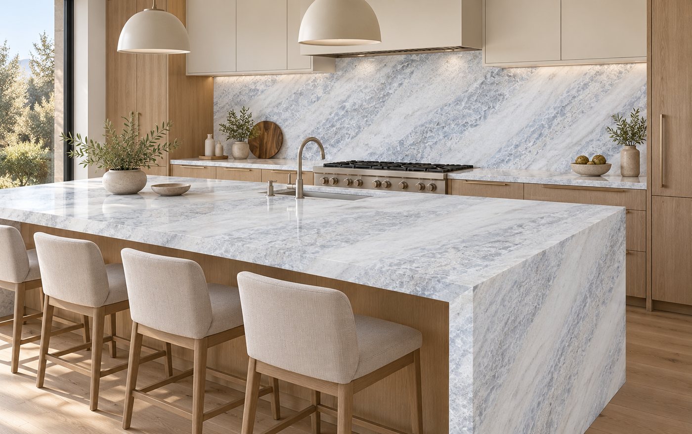 Kitchen with a white and soft blue onyx waterfall island and full-height backsplash