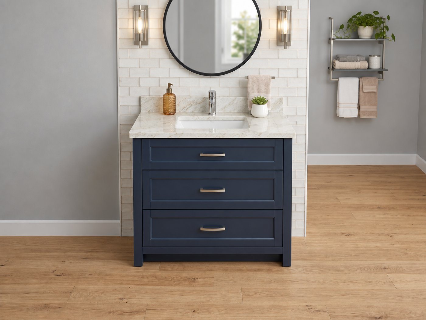 Bathroom vanity with a prefabricated stone countertop and undermount sink
