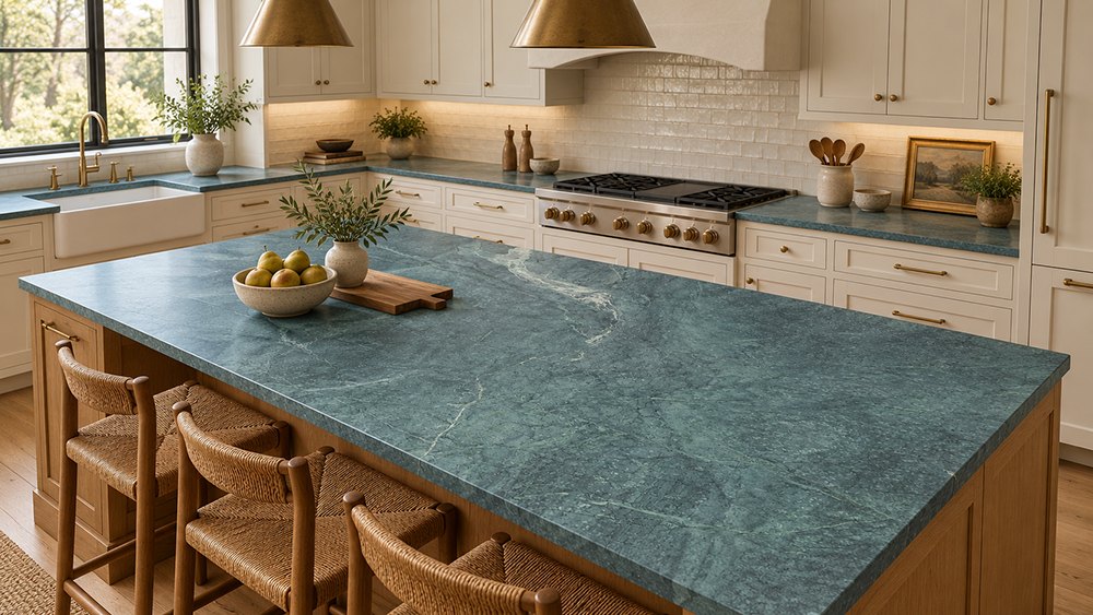 Kitchen island with a green-gray soapstone countertop with soft white veining, matching perimeter counters, cream cabinets, brass pendant lights and woven bar stools