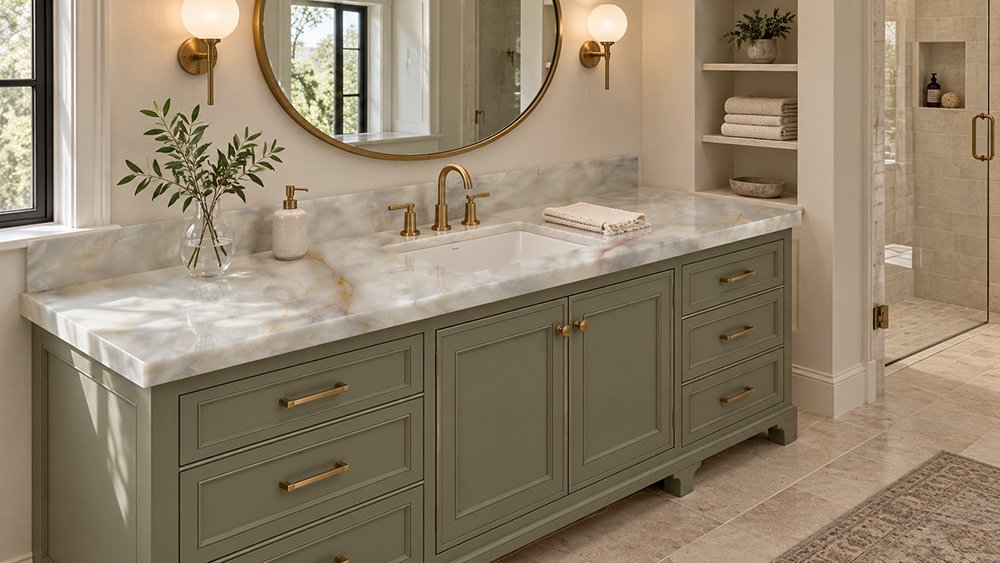 Natural stone vanity top, white with soft gray and gold veining, on a sage green vanity with a brass faucet and undermount sink
