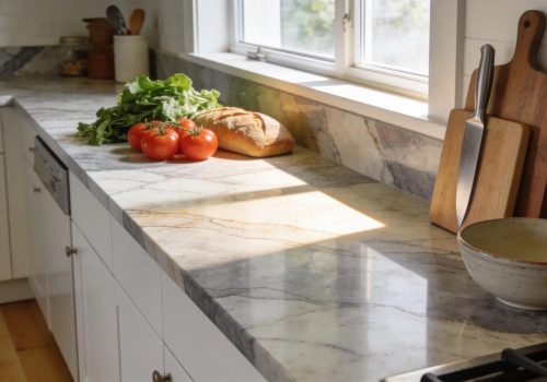 Modern kitchen with quartzite countertops showcasing unique colors and textures